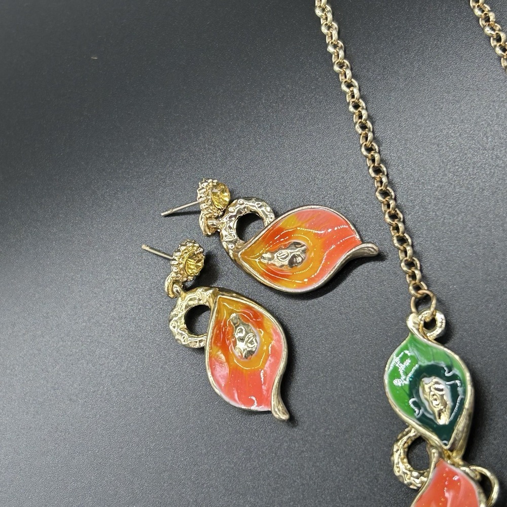Multi-Colored Necklace & Earrings Set w/Multi-Colored Rhinestones Floral Design - Picture 2 of 5